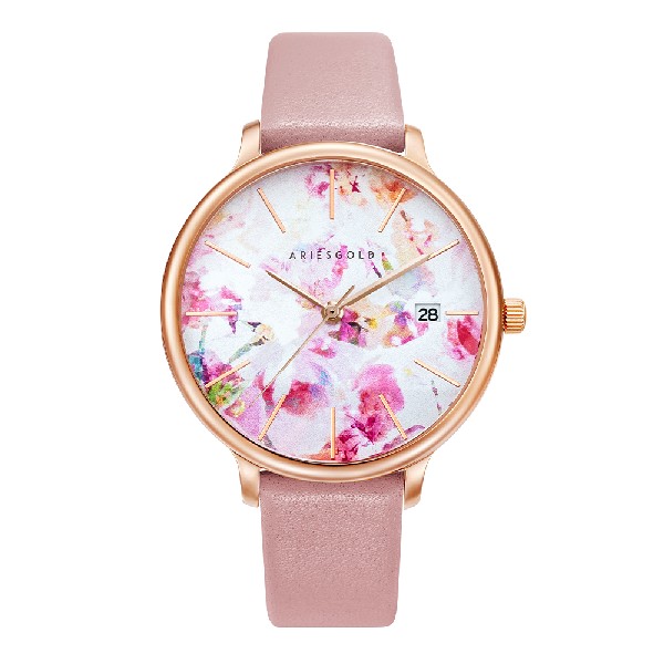ARIES GOLD ENCHANT FLEUR ROSE GOLD STAINLESS STEEL L 5035A RG-PIFL PINK LEATHER STRAP WOMEN'S WATCH